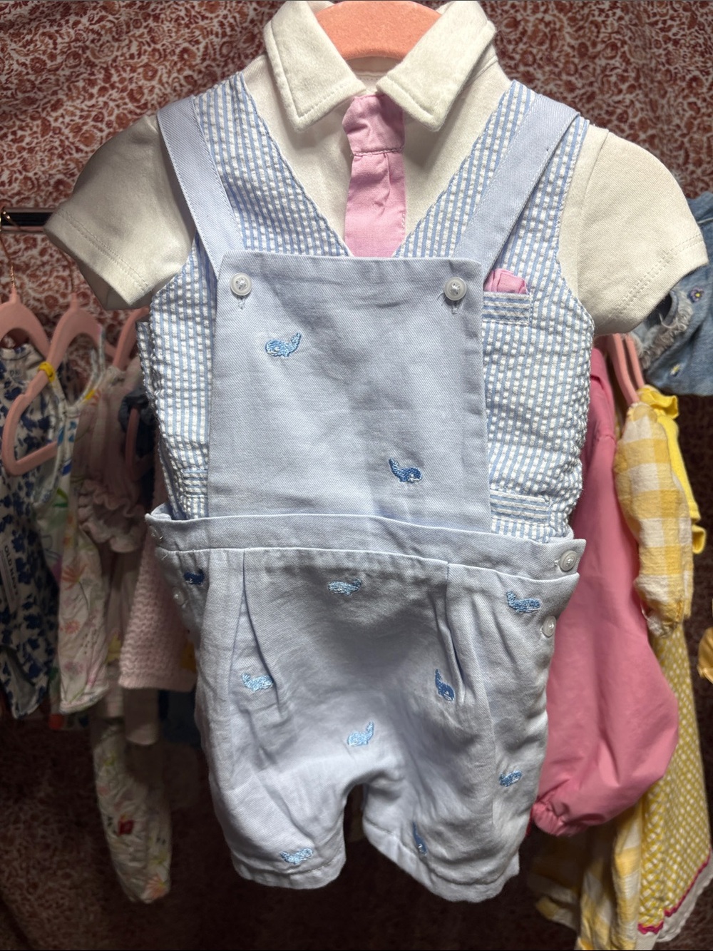 crown & ivy Light Blue Whale Embroidered Overalls with Pink Tie Accent
